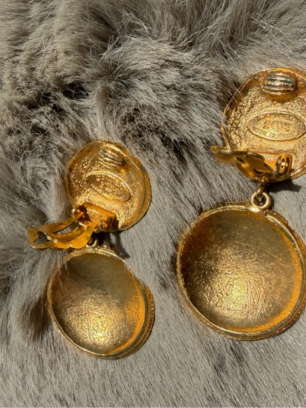 CHANEL | Vintage Gold-plated Double Drop Logo and Lion Clip-On Earrings 2” - Picture 7 of 9